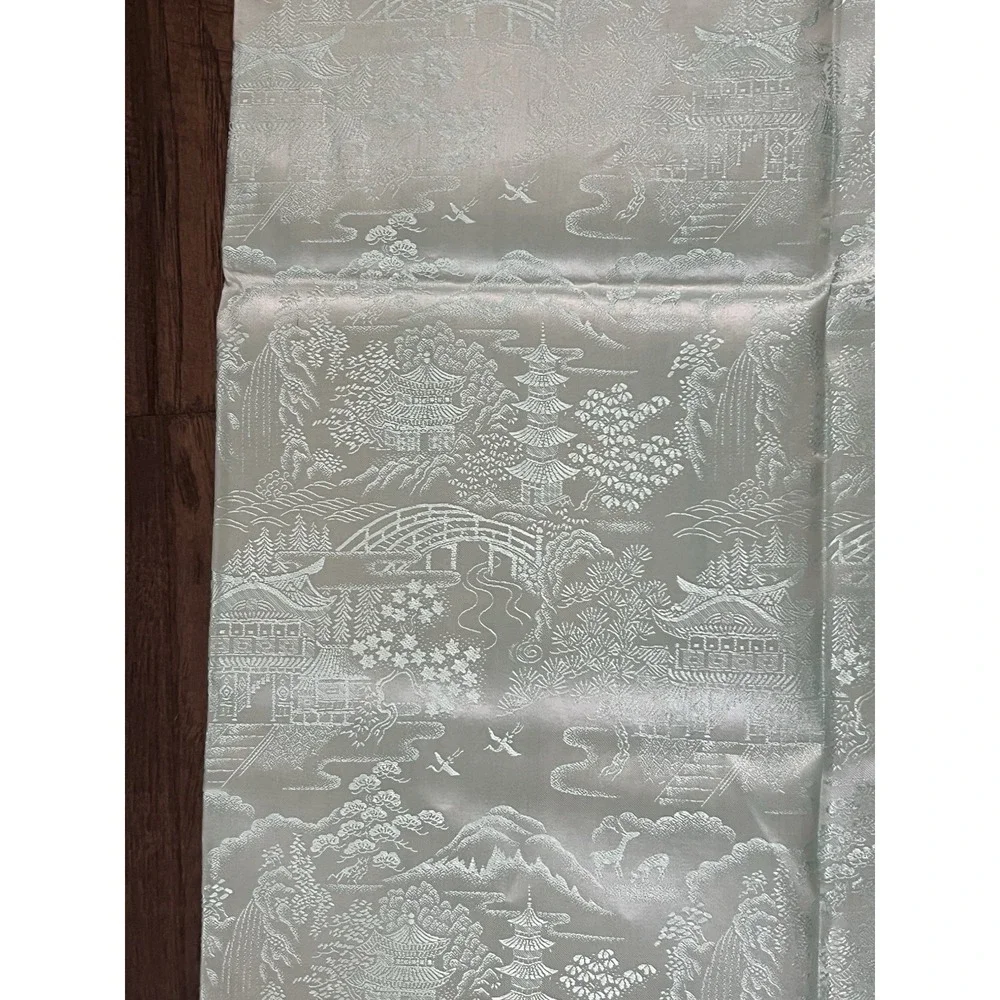 Vtg BROCADED Silky‎ Ice Blue Tablecloth Cover Reversible China Fringe 50x60
